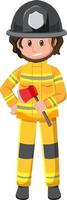 Firefighter in yellow outfit with axe vector