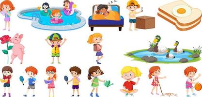 Set of different cute kids and objects vector