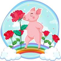 Pig with roses in cartoon style vector