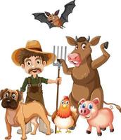 Farmer and many animals on white background vector