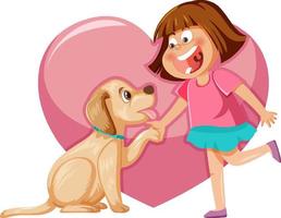 A girl playing with her dog on heart background vector