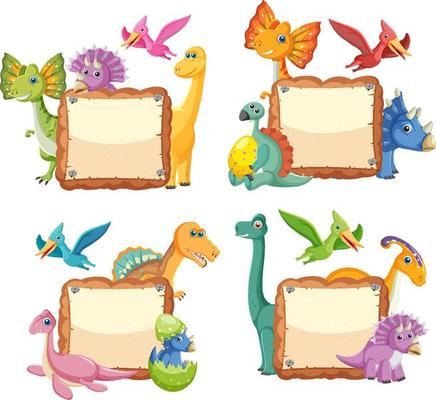 Empty board with cute dinosaurs cartoon characters