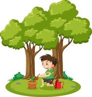 A boy planting in clay pot vector