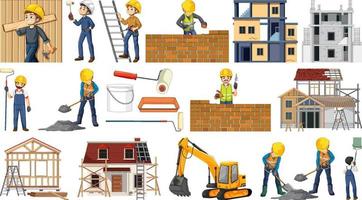 Set of construction site objects and workers vector