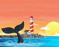 Sunset time with lighthouse on coast vector