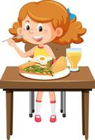 Happy girl enjoy eating food on table vector