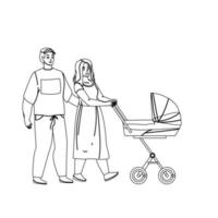 Parents Walking With Kid Stroller Together Vector