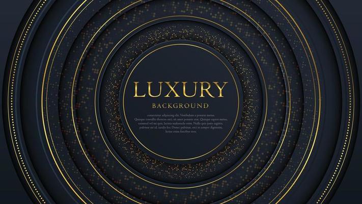 Abstract background of a halftone gradient. Luxury decoration, golden glitter pattern. Modern geometric style. A round place for text. Stylish conception. Black and gold template, minimal banner.