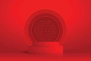 3d Podium round stage Chinese style, for Chinese new year with red paper cut art and craft on color background with asian elements, illustrator vector