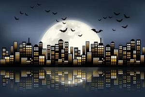 dibujos animados estilo noche ciudad horizonte fondo enjambre de murciélagos volando sobre el cielo en la noche de luna llena. vector