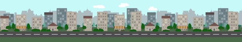 The city landscape with empty road. Prepared for infinite looping. Flat style vector illustration.