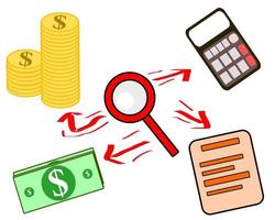 audit, auditing, accounting, bussiness analysis, financial management, company management. Illustration of auditing with magnifying glass,report ,money and arrow. flat design vector