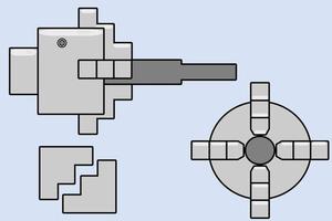 Juego de máquina de torno de mandril de mordaza independiente. 4 mordazas independientes. en vista derecha y vista frontal vector de ilustración de diseño plano.