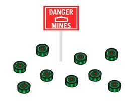 campo de minas. mina de tierra verde. señal de peligro de zona de minas con un tablero de advertencia rojo. vector de ilustración de diseño plano.
