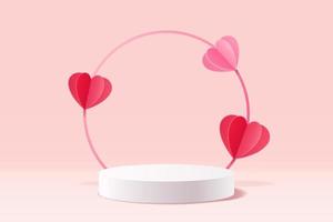 Abstract 3D pastel pink scene with white cylinder stand for displaying products decorated with red and pink paper cut hearts vector