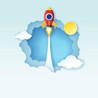 Paper art style of red rocket flying to the sky through the clouds, Start up business concept vector