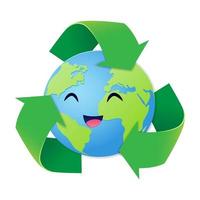 reducir el concepto de reciclaje de reutilización, el estilo de arte en papel del mundo sonrió alegremente con tres flechas verdes rodeadas vector