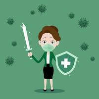 mujer de negocios sosteniendo espada y escudo para protegerse del virus, luchar contra el concepto de virus vector