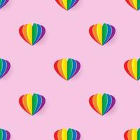 patrón sin costuras con estilo de arte de papel de corazón de arco iris sobre fondo rosa claro vector