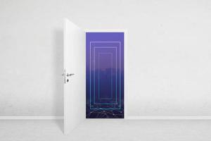 Door to the metaverse concept. Open door on a white wall overlooking the portals. The concept of entering the web 3.0 blockchain technology photo