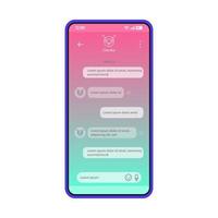 Chatbot messenger app smartphone interface vector template. Mobile screen page blue design layout. Chat bot, virtual assistant dialog application. Gradient flat UI. Phone display with speech bubbles