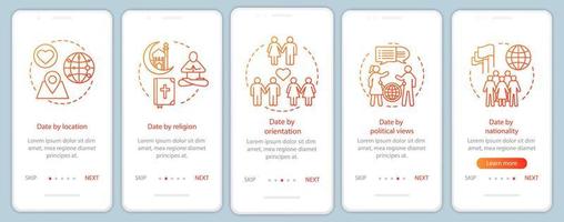 Online dating onboarding mobile app page screen vector template. Date by location, religion, orientation, nationality website instructions with linear illustrations. UX, UI, GUI smartphone interface