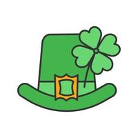 Saint Patrick's Day color icon. March 17th. Leprechaun hat with four leaf clover. Isolated vector illustration