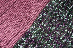 Close-up multicolor knitted textiles for background. Top view textures of different fabrics. Minimalistic concept photo