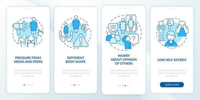 Unhealthy teenage body image blue onboarding mobile app screen. Walkthrough 4 steps editable graphic instructions with linear concepts. UI, UX, GUI template. vector
