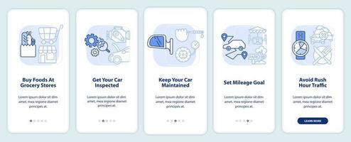 Road trip tips light blue onboarding mobile app screen. Car travel walkthrough 5 steps editable graphic instructions with linear concepts. UI, UX, GUI template.