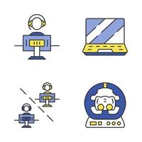 Esports color icons set. Gaming environment. Multiplayer video game. PC steering wheel. Gamer laptop. Game player. Isolated vector illustrations