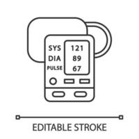 Digital upper arm blood pressure monitor linear icon. Oximeter. Pulse, heart rate control medical device. Thin line illustration. Contour symbol. Vector isolated outline drawing. Editable stroke