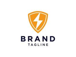 Electric Security Logo. Orange Shield with Negative Space Flash Thunderbolt isolated on White Background. Usable for Business, Industrial and Technology Logos. Flat Vector Logo Design Template.