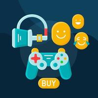 Buy to play flat concept vector icon. Digital entertainment idea cartoon color illustrations set. Play virtual reality games. VR headset, joystick. Isolated graphic design element