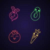 verduras y frutas lindos personajes de luz de neón kawaii. tomate y zanahoria con cara sonriente. aguacate feliz y remolacha. emoji divertido, emoticono, sonrisa. iconos brillantes. ilustración vectorial aislada vector