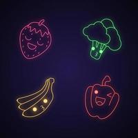 verduras y frutas lindos personajes de luz de neón kawaii. fresa y papel con cara sonriente. feliz brócoli y plátano. emoji divertido, emoticono, sonrisa. iconos brillantes. ilustración vectorial aislada vector