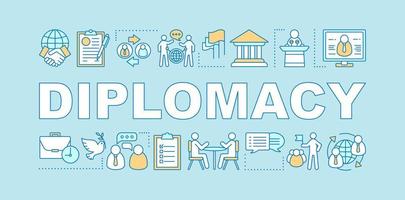 Diplomacy word concepts banner. Communication, public speaking skills. Negotiations. Corporate environment. Isolated lettering typography idea with linear icons. Vector outline illustration