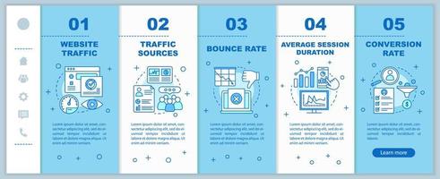 Website traffic onboarding mobile web pages vector template. Sales conversion rate analytics. SMM metrics. Responsive smartphone website interface idea. Webpage walkthrough step screens. Color concept