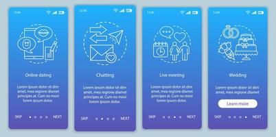 Online dating onboarding mobile app page screen vector template. Chatting, live meeting, wedding website instructions with linear illustrations. Matchmaking. UX, UI, GUI smartphone interface concept