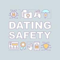 Dating safety word concepts banner. Privacy protection. Online cybersecurity. Padlock, shield. Presentation, website. Isolated lettering typography idea with linear icons. Vector outline illustration