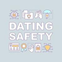 Dating safety word concepts banner. Privacy protection. Online cybersecurity. Padlock, shield. Presentation, website. Isolated lettering typography idea with linear icons. Vector outline illustration