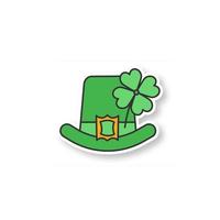 Saint Patrick's Day patch. March 17th. Leprechaun hat with four leaf clover. Color sticker. Vector isolated illustration