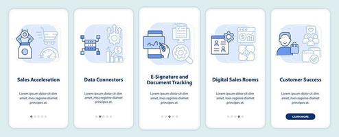 pantalla de aplicación móvil de incorporación de herramientas de ventas azul claro. tutorial de marketing 5 pasos instrucciones gráficas editables con conceptos lineales. interfaz de usuario, ux, plantilla de interfaz gráfica de usuario. vector