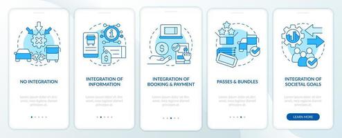 MaaS integration levels blue onboarding mobile app screen. Transport walkthrough 5 steps editable graphic instructions with linear concepts. UI, UX, GUI template. vector