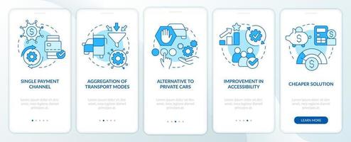 movilidad como valor de servicio pantalla de aplicación móvil de incorporación azul. cuenta con instrucciones gráficas editables de 5 pasos con conceptos lineales. interfaz de usuario, ux, plantilla de interfaz gráfica de usuario. vector