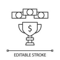 Prize money linear icon. Esports tournament. Gamer winning cup with cash. Winner pot of game. Champion trophy. Thin line illustration. Contour symbol. Vector isolated outline drawing. Editable stroke
