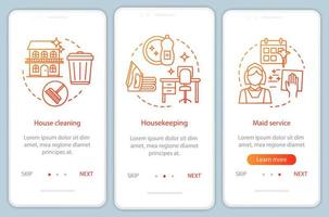 pantalla de la página de la aplicación móvil de incorporación del servicio doméstico, conceptos lineales. servicio de limpieza. instrucciones gráficas de tres pasos de recorrido. planificación de la limpieza de la casa. ux, ui, plantilla vectorial gui con ilustraciones vector