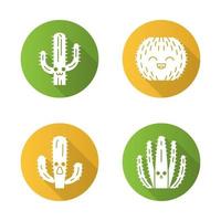 conjunto de iconos de glifo de sombra larga de diseño plano de cactus. plantas con caras sonrientes. cactus de barril de risa. elefante asombrado cactus silvestres. jardín Botánico. plantas suculentas. ilustración de silueta vectorial vector