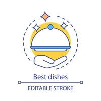 Best dishes concept icon. Food service. Dinner. House specialty. Food cover cloche. Restaurant serving meals idea thin line illustration. Vector isolated outline drawing. Editable stroke