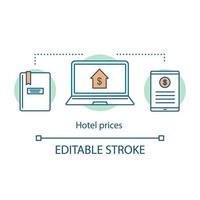 Hotel prices concept icon. Room cost checking. Services invoice. Profit growth. Internet banking. Price comparison, tracking idea thin line illustration. Vector isolated drawing. Editable stroke